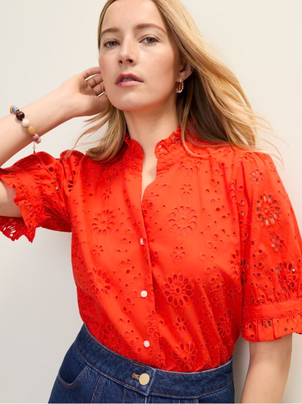 NWT Ann Taylor Red Eyelet Button-Up Blouse Size Small